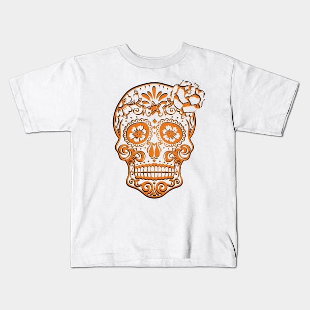 Sugar Skull Halloween Orange & Black Day of the Dead Skull w/ Flowers & Stars Kids T-Shirt by Always Growing Boutique